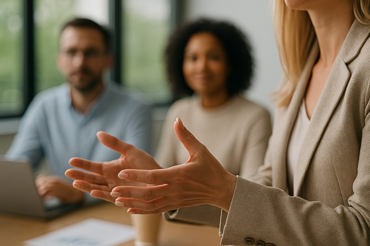 Woman leader gesturing naturally while explaining ideas to her attentive team in a bright office.