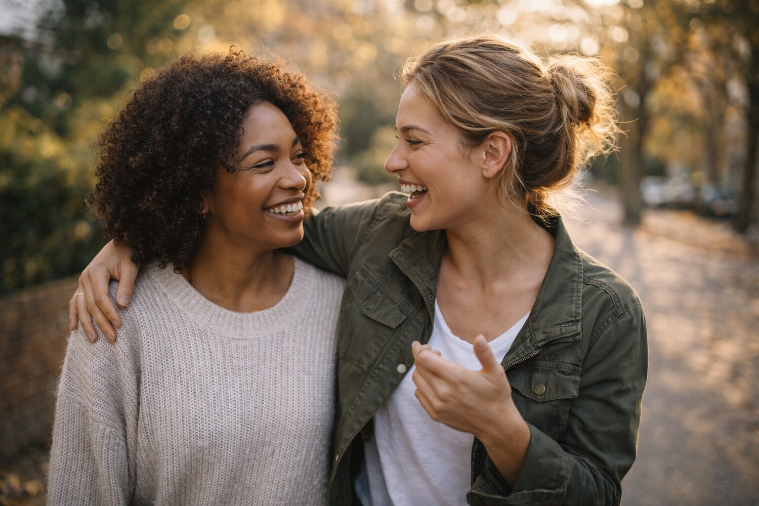 Two friends walking outdoors, symbolizing supportive environment and personal growth.