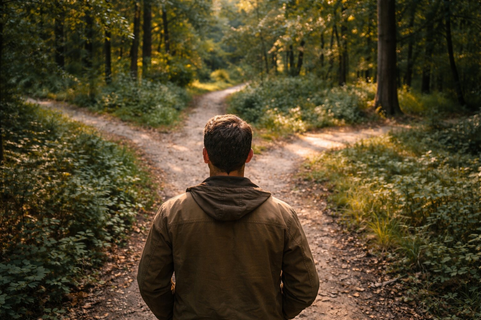 Alt description: Man standing at a forest crossroads, symbolizing conscious choice, self-awareness, and personal transformation.