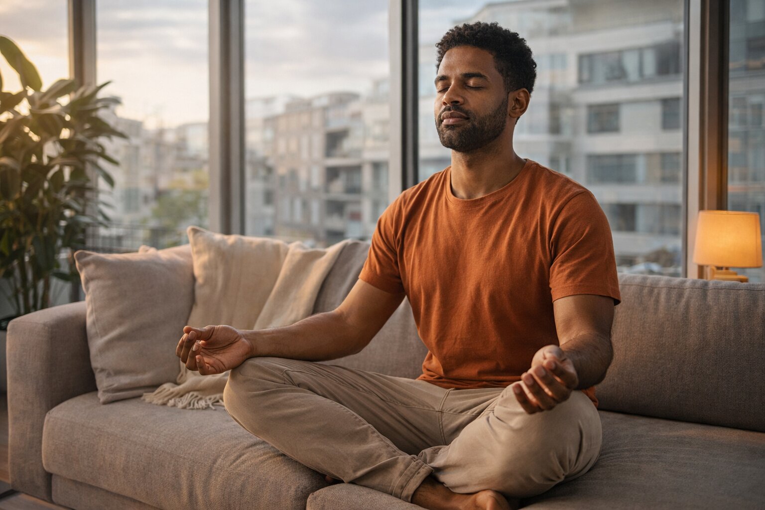 Un uomo che medita tranquillamente in salotto, rafforzando la propria resilienza emotiva e il controllo interiore