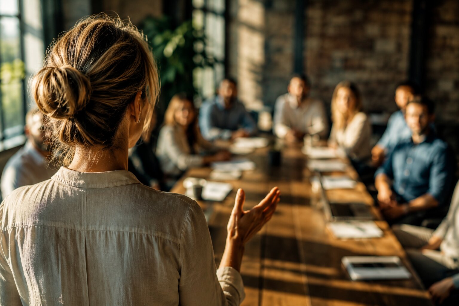 Female leader speaking confidently to a team in a warm industrial-style boardroom meeting.