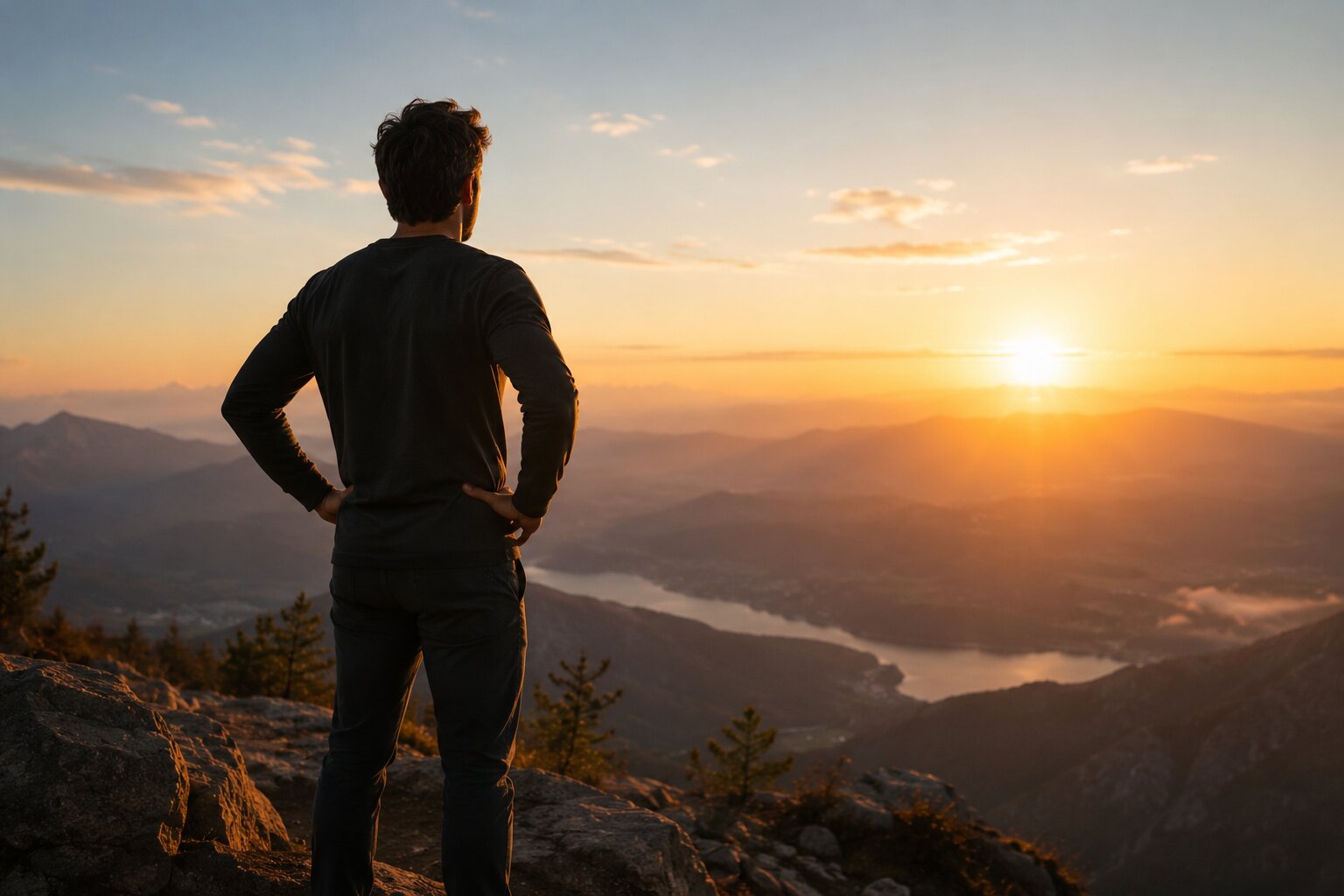 Man overlooking mountain sunrise symbolizing personal growth, peak performance, and becoming your best self.