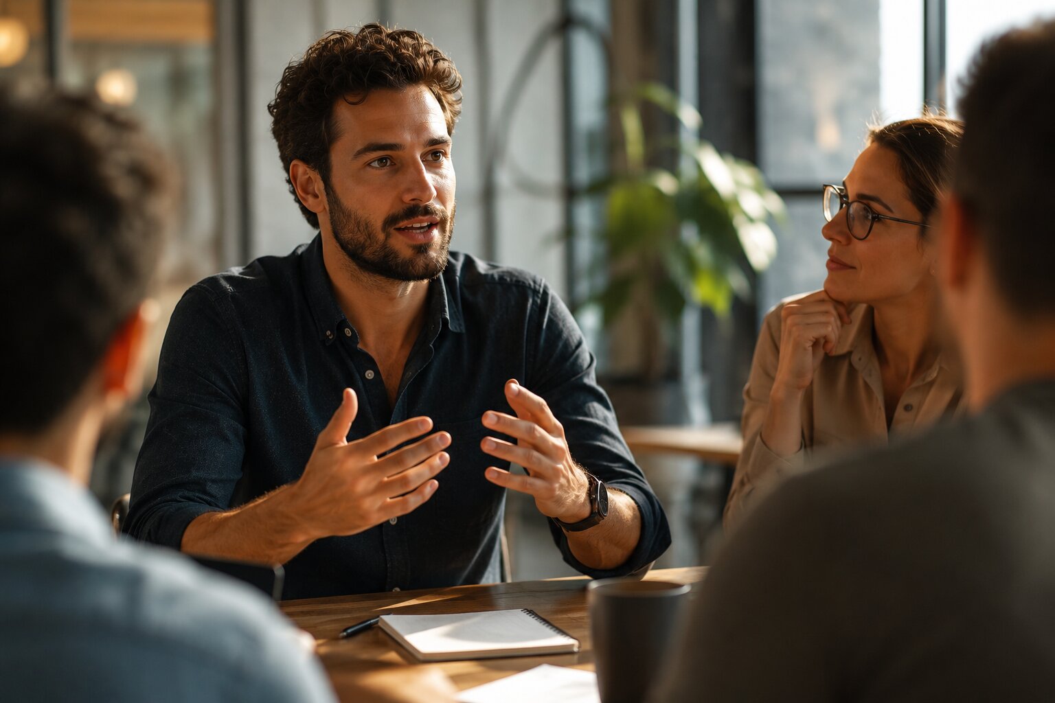 Confident team leader communicating with clarity and presence during a collaborative business meeting.