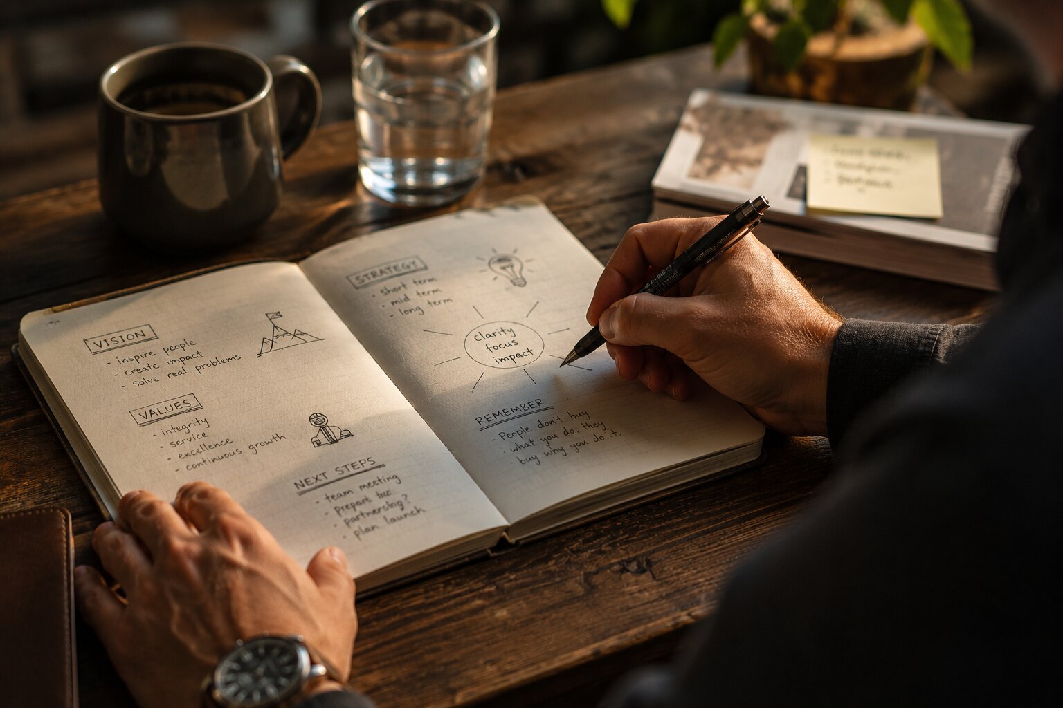 Close-up of leadership planning notes and focused reflection on vision, values, and charismatic communication.