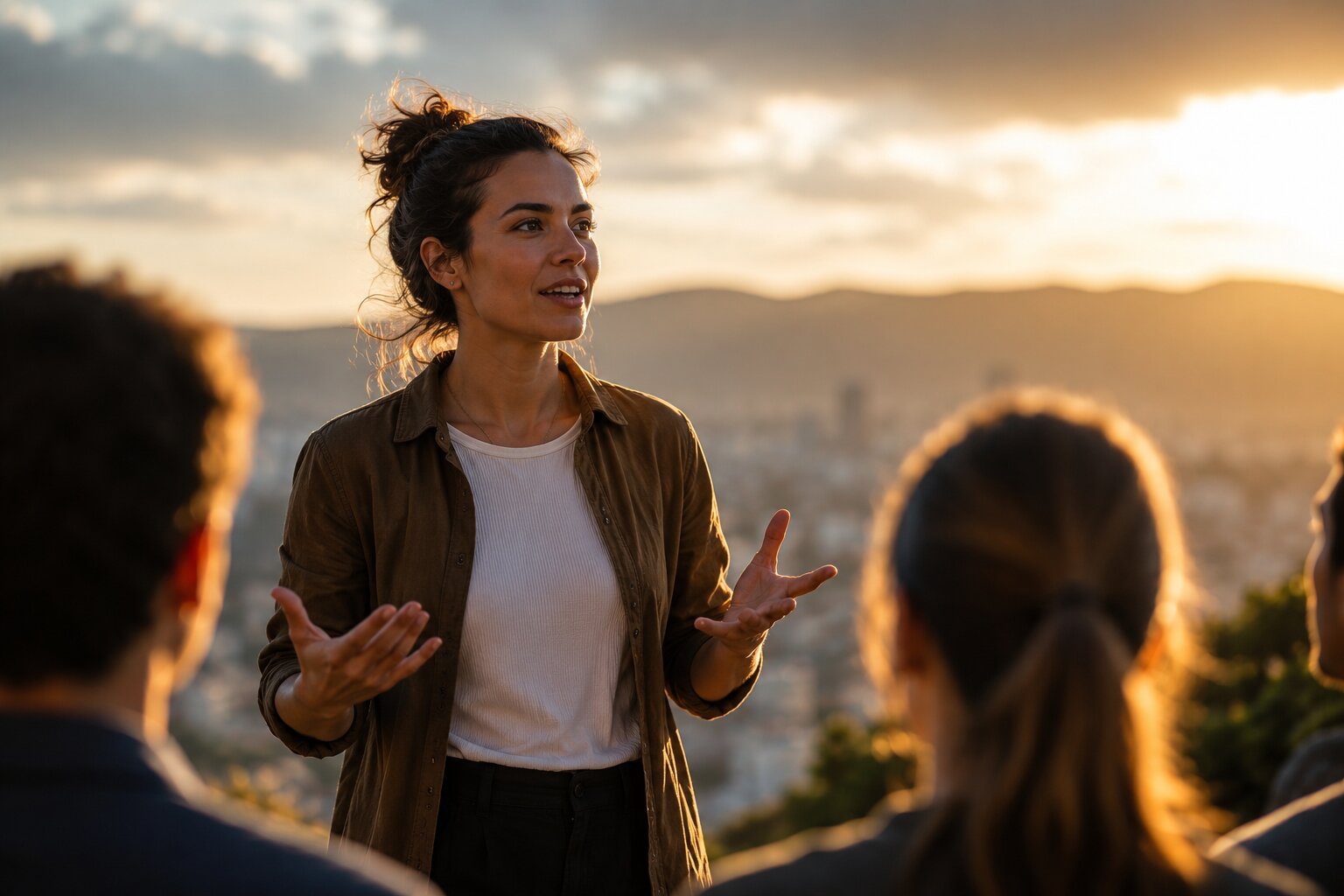 Inspiring female leader speaking confidently outdoors during sunset with engaged listeners and warm natural light.