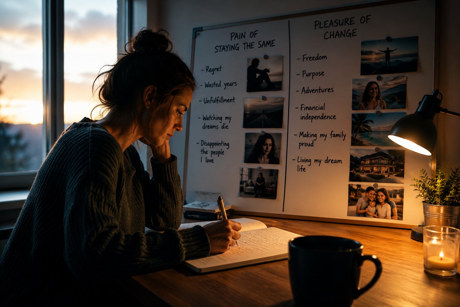Woman journaling about change and self-awareness, visualizing pain versus pleasure leverage for personal transformation.