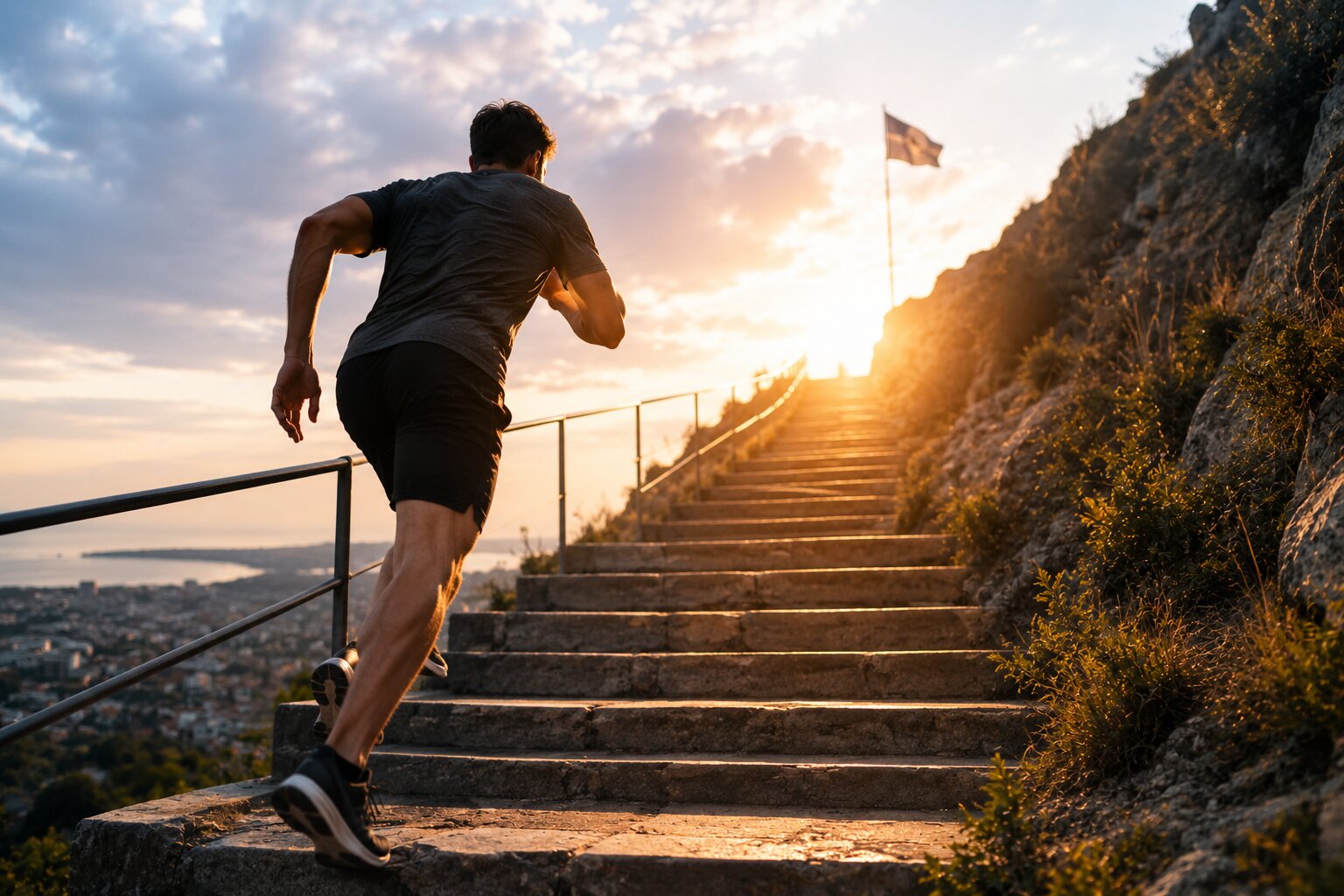Determined man running uphill at sunrise, symbolizing breakthrough, motivation, and taking action toward personal change.