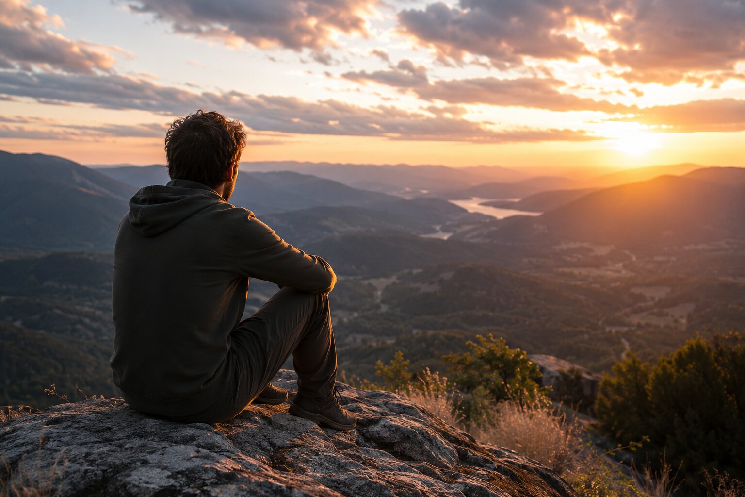 Thoughtful person overlooking a mountain landscape at sunset, reflecting on personal growth, mindset shifts, and new possibilities.