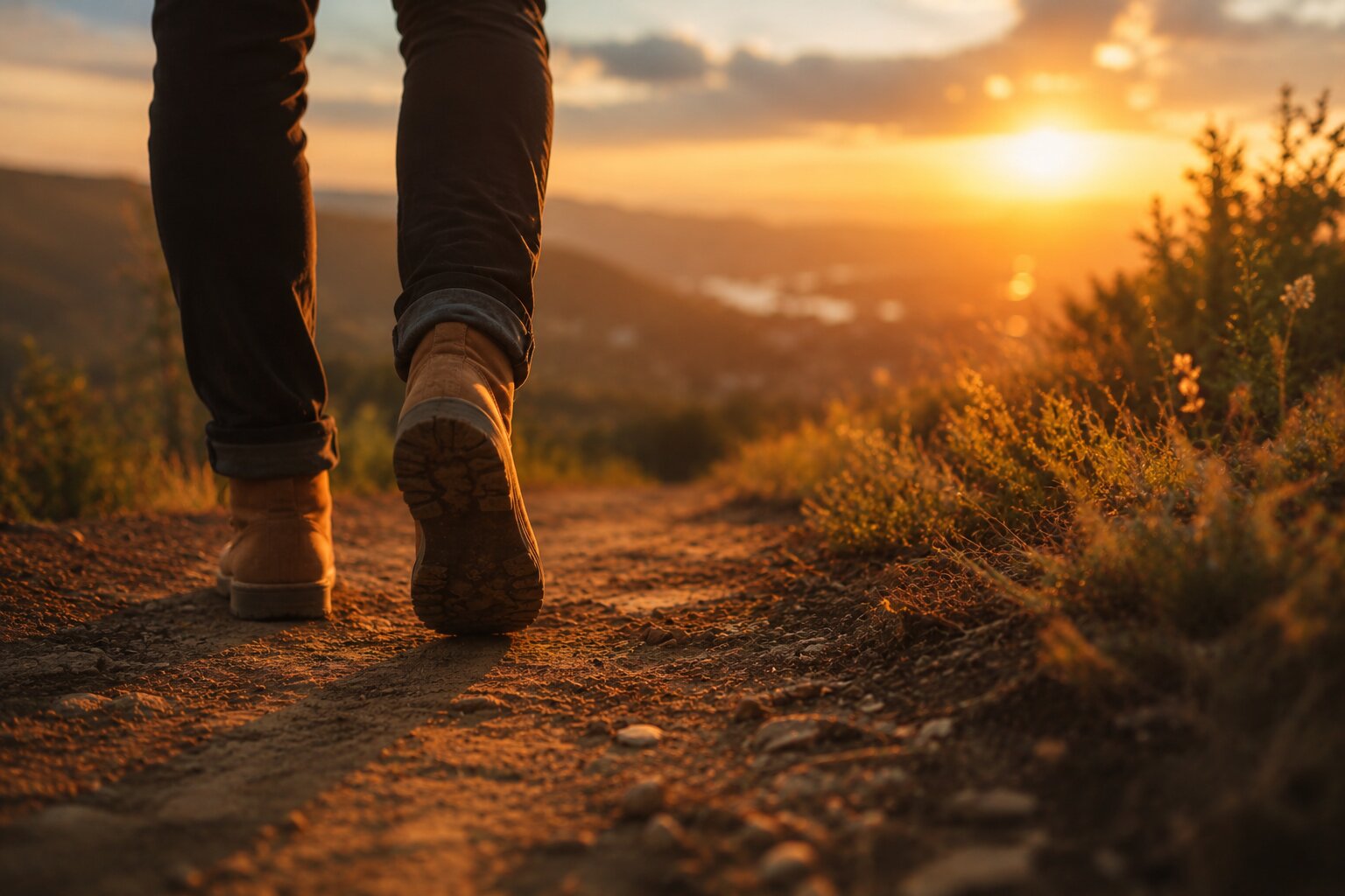 Person walking along a nature trail, symbolizing progress, life change, and the journey of personal development.