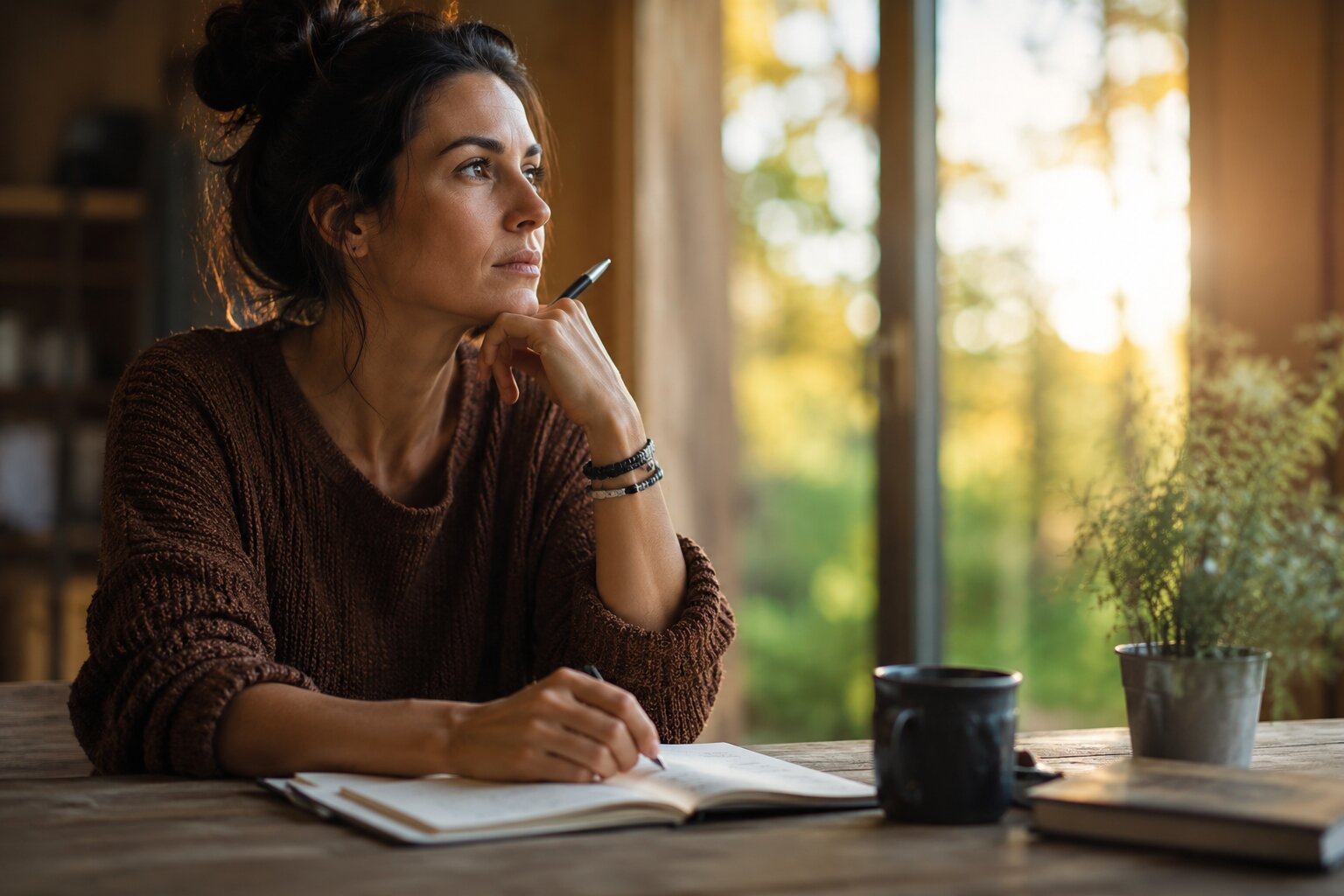 Reflective woman journaling at a table, exploring beliefs, self-awareness, and personal transformation.