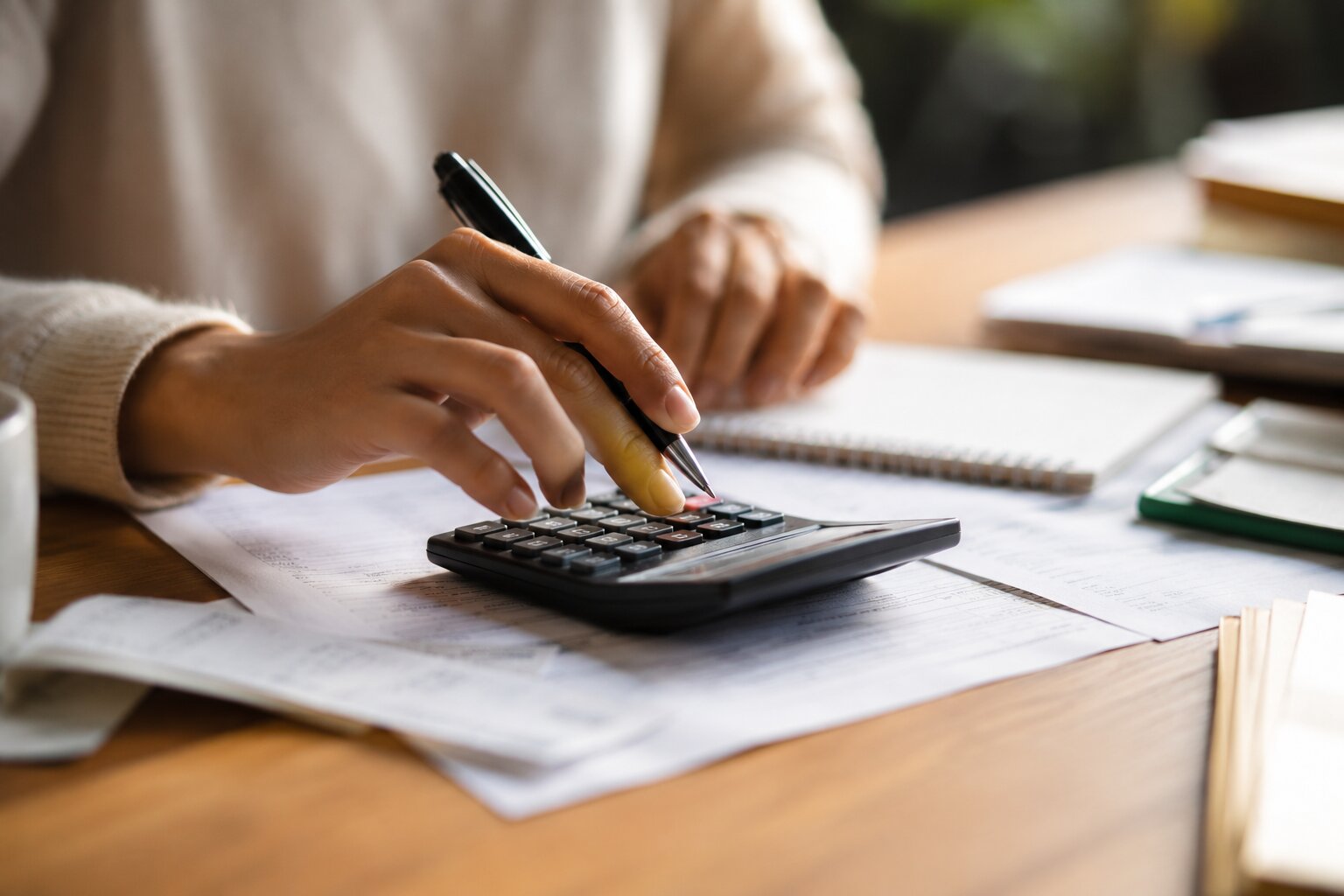Hände bedienen einen Taschenrechner auf Finanzunterlagen bei der Berechnung persönlicher Ausgaben und Ersparnisse.