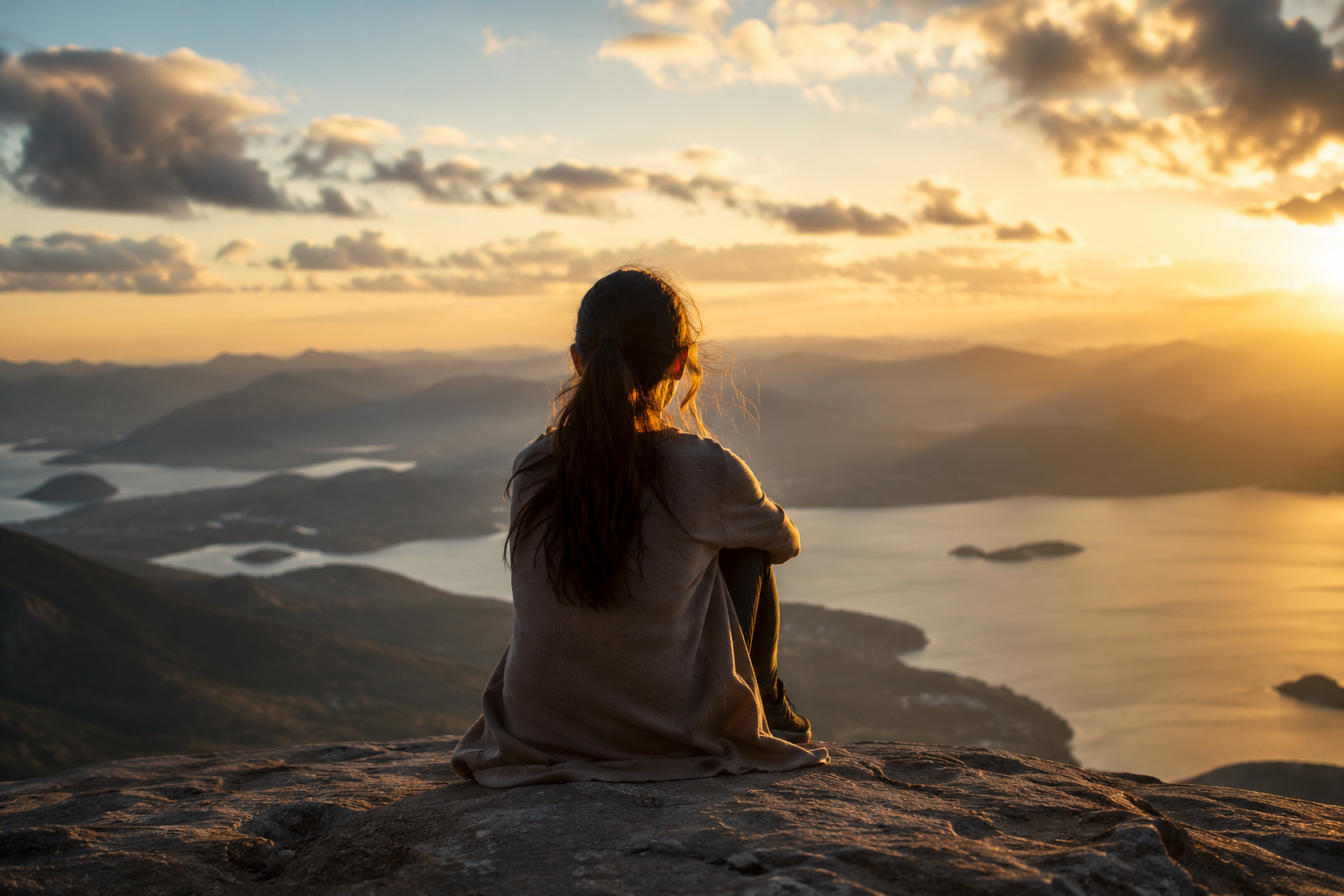 Woman reflecting on mindset and primary question beside a calm mountain lake.