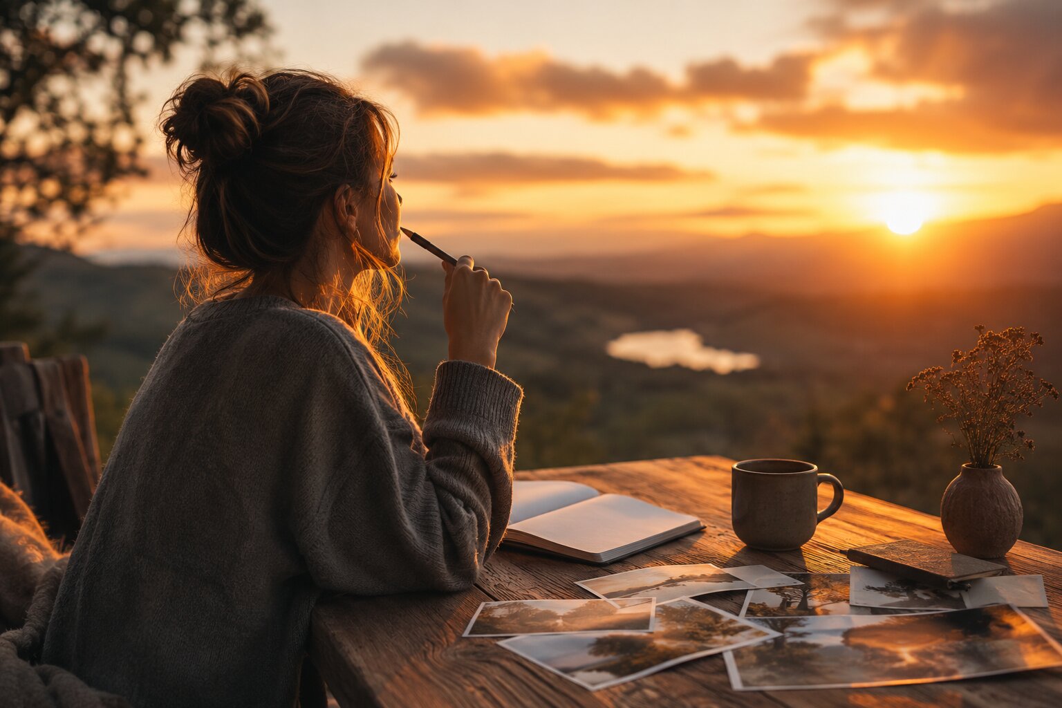 Woman reflecting on mindset and inner questions beside a calm mountain lake.