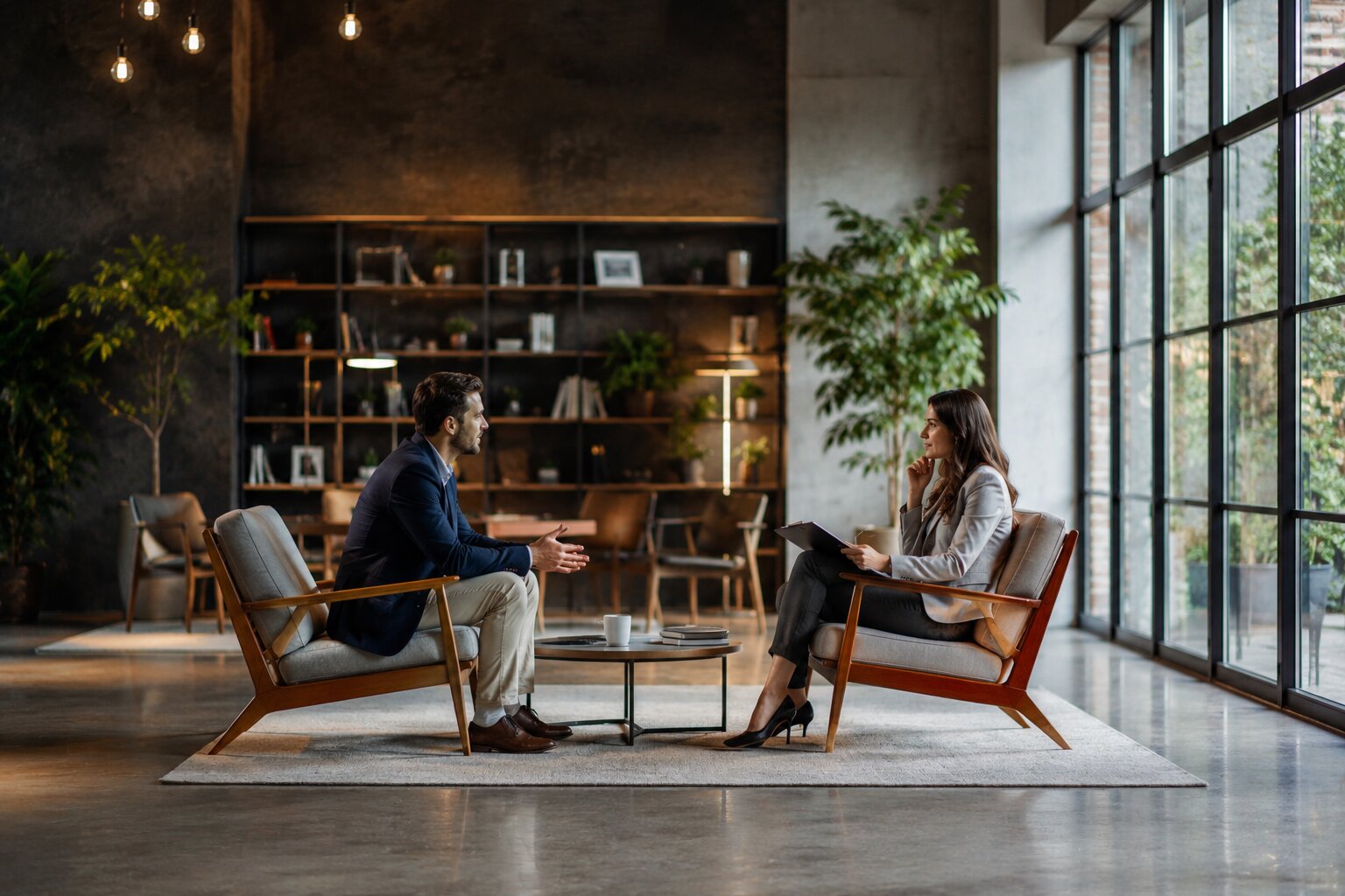 Wide-angle view of a business coaching session between two professionals in a spacious modern office.