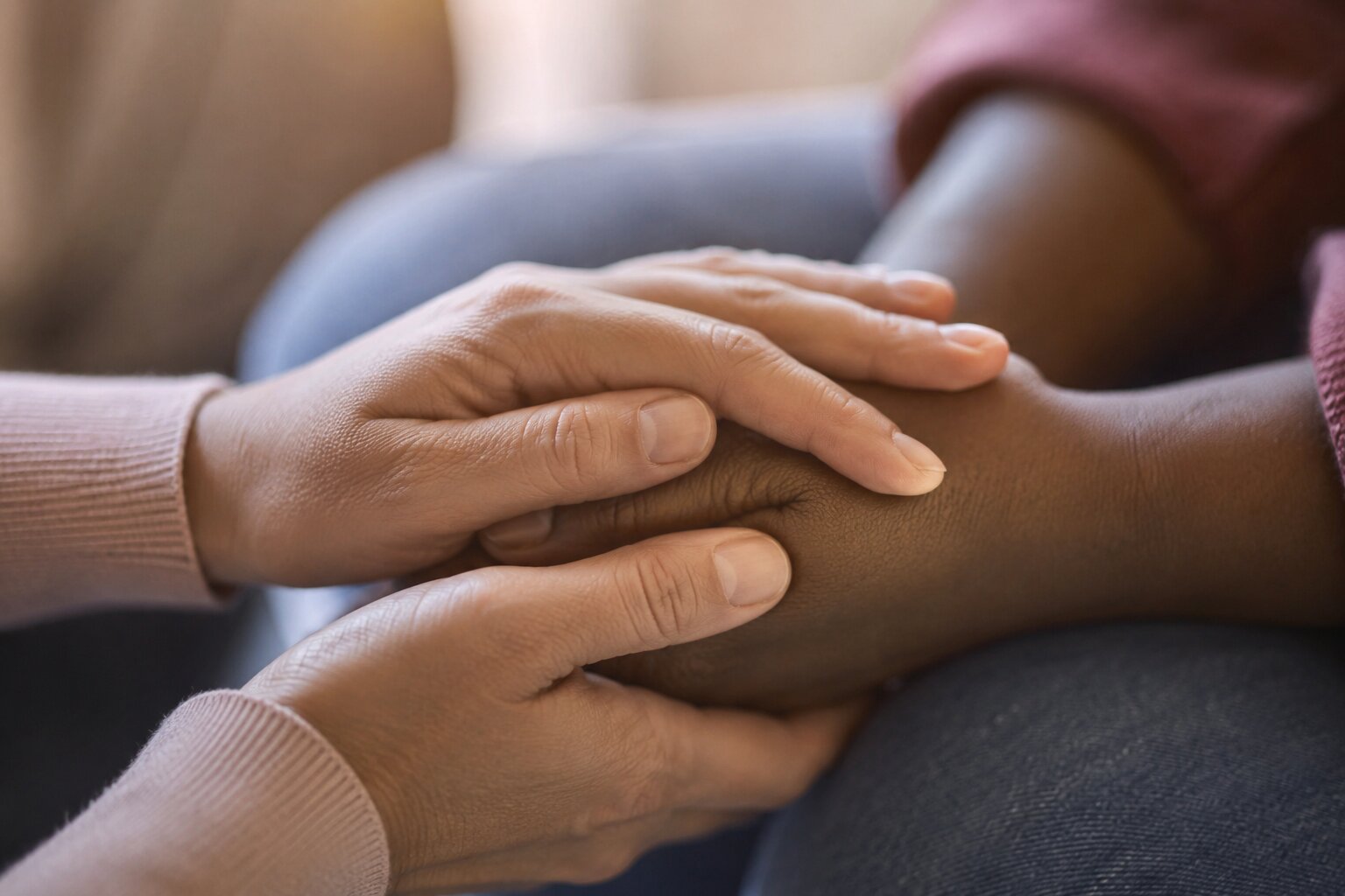 Close-up of comforting hands, symbolizing compassion, empathy, emotional support, and human connection.