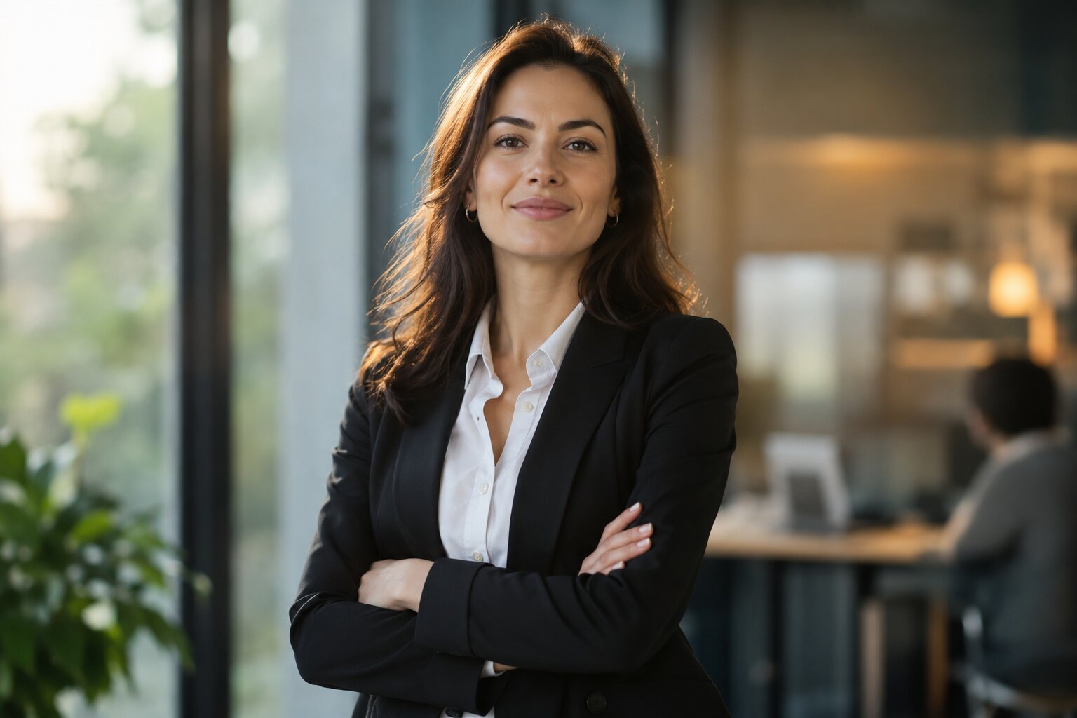 Confident businesswoman standing with crossed arms in a modern office, demonstrating confident body language and professional presence.