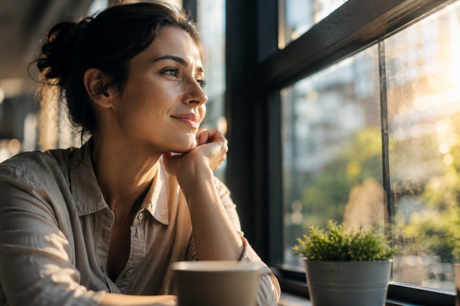 Close-up portrait of a confident woman with calm facial expression, highlighting positive body language and self-confidence.