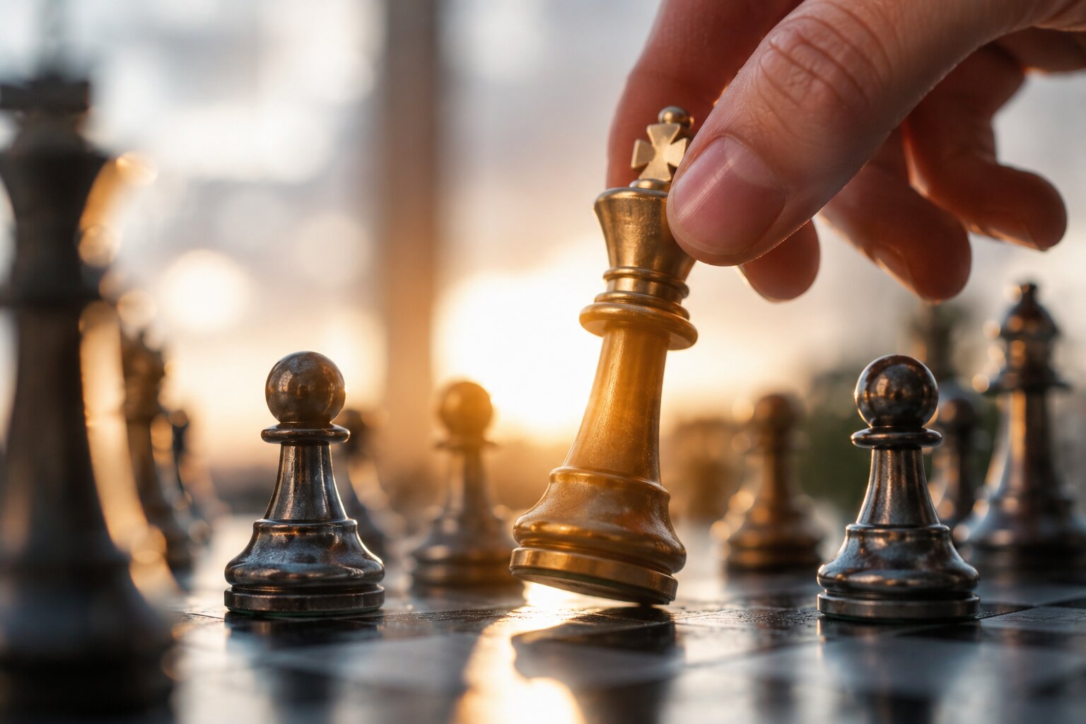 Close-up of a hand moving a chess king, symbolizing decisive leadership, strategy, and confident decision-making.