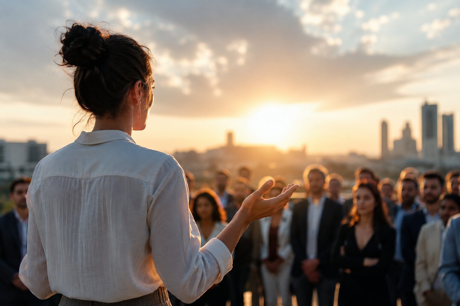 Confident leader inspiring a diverse team during a sunset outdoor presentation with authentic communication and vision.