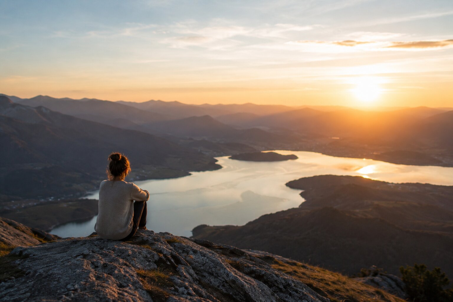 Iemand die op een berg zit en uitkijkt over een meer, wat staat voor vrijheid van jaloezie en innerlijke rust.