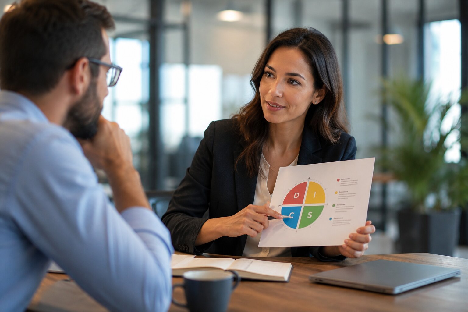 Een coach legt tijdens een professioneel adviesgesprek een DISC-persoonlijkheidsanalyse uit aan een cliënt.