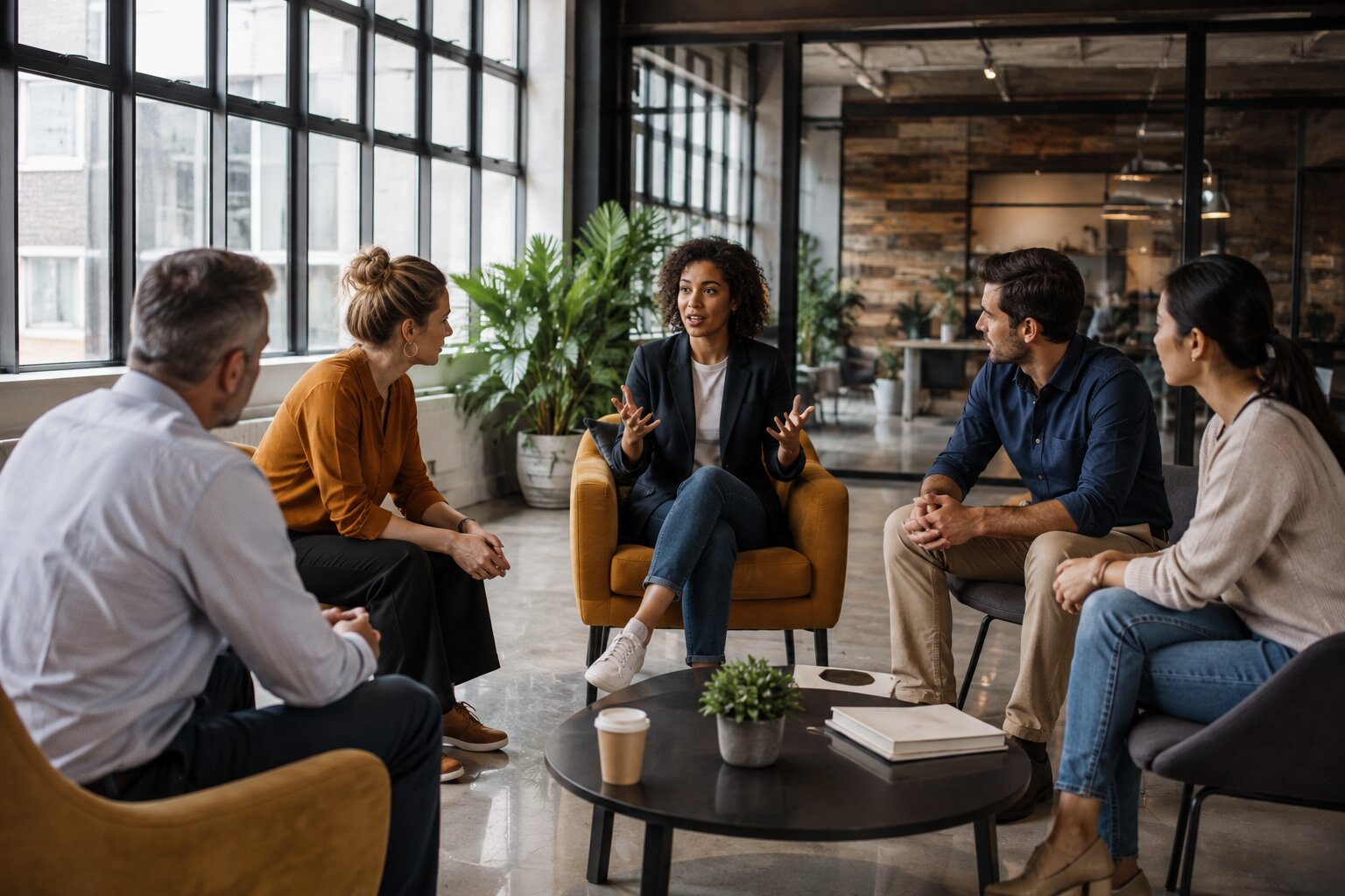 Wide-angle view of a diverse team practicing effective communication styles in a modern collaborative workspace.