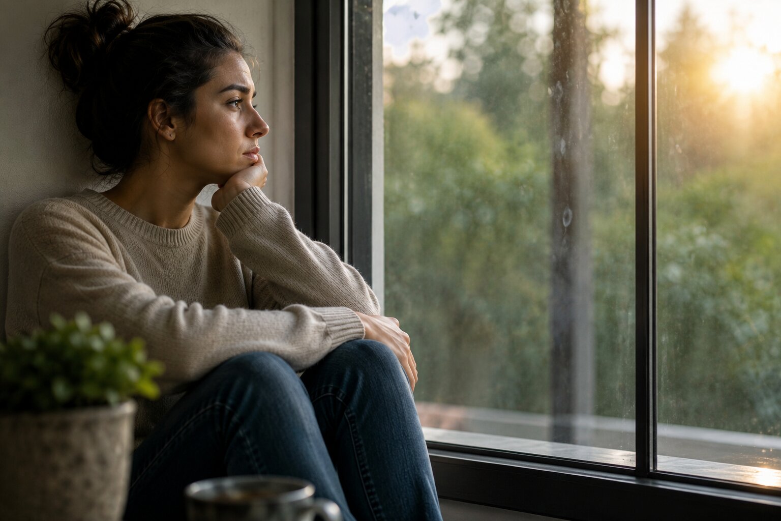 Thoughtful woman looking out a window, reflecting on emotions, self-awareness, and defensive behavior.