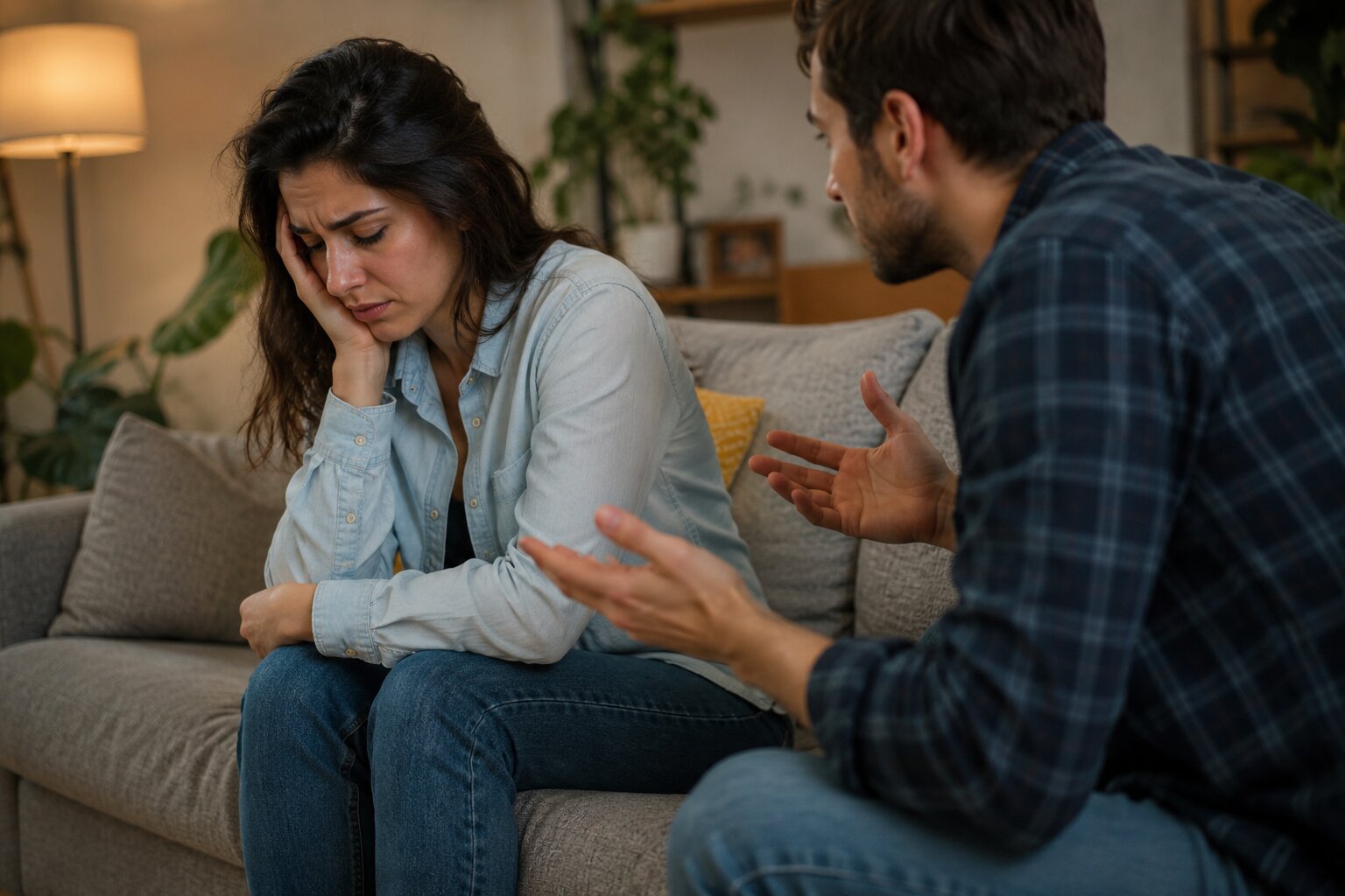 Couple in a tense conversation illustrating defensiveness, emotional conflict, and communication challenges.