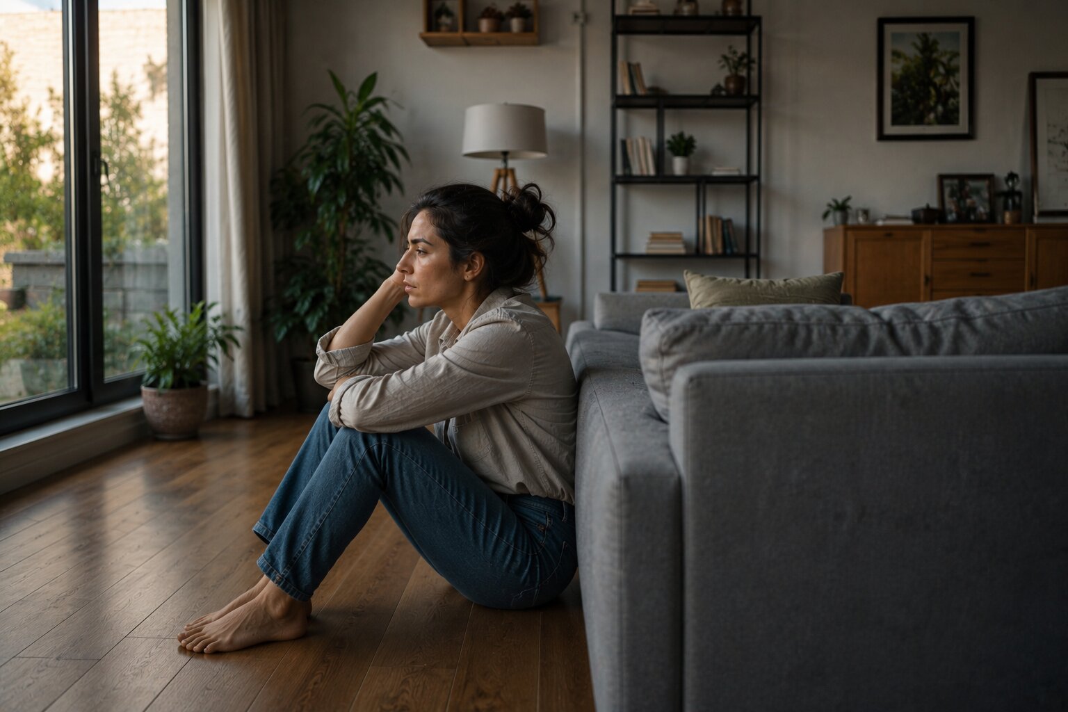 Woman sitting alone on the floor in a modern living room, reflecting on conflict and defense mechanisms.