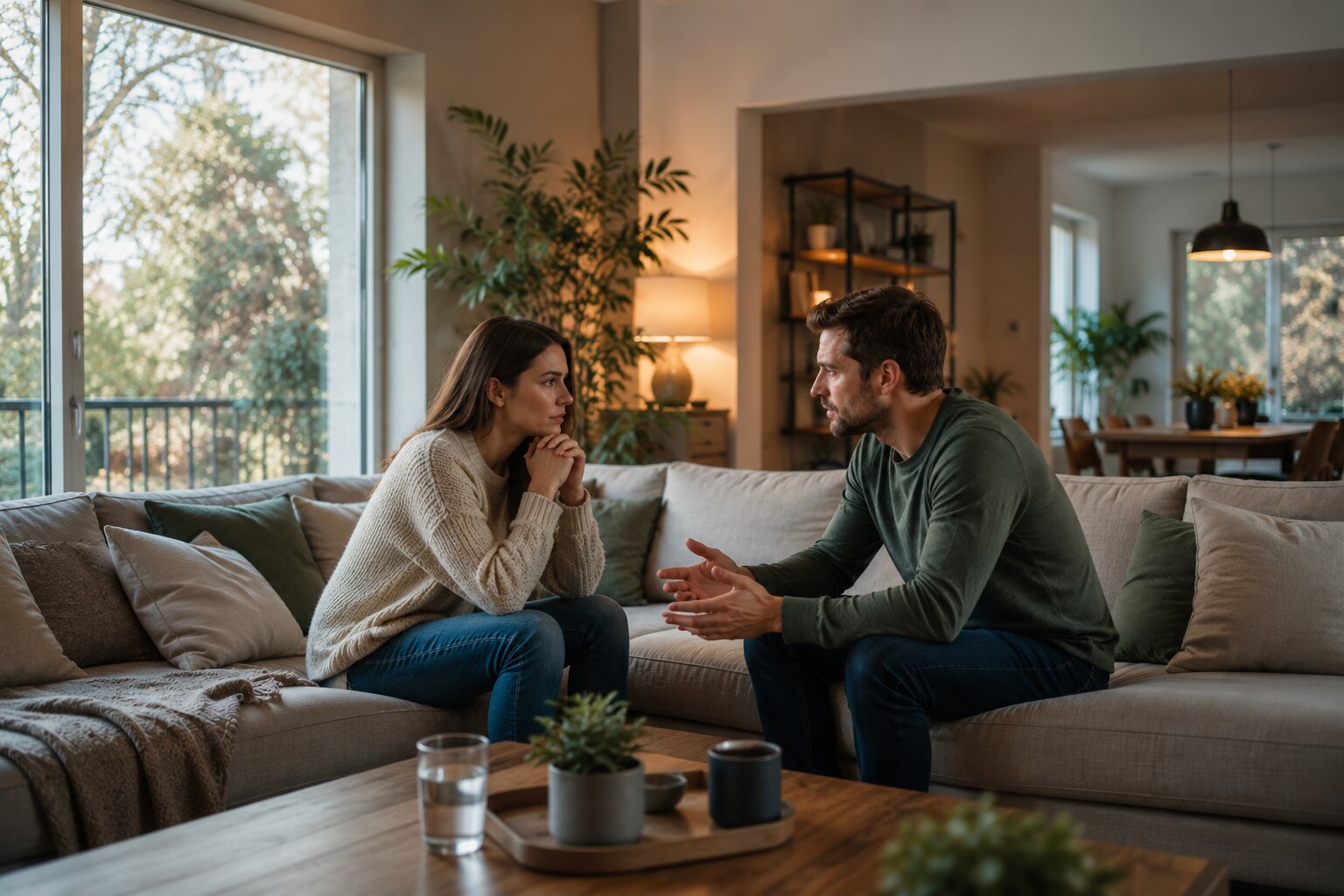 Wide-angle view of a couple rebuilding trust through an honest conversation at home.