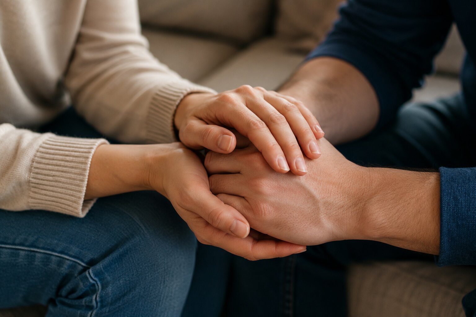 Close-up of a couple holding hands while rebuilding trust after betrayal.