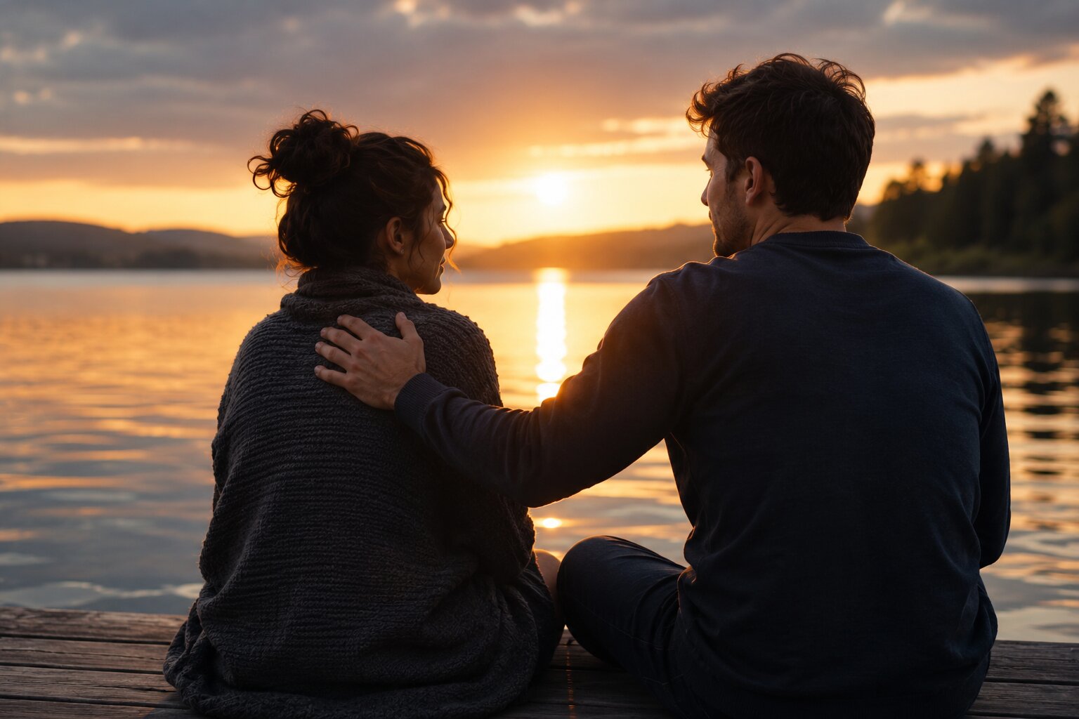 Couple rebuilding trust after betrayal during a quiet sunset conversation by the lake.