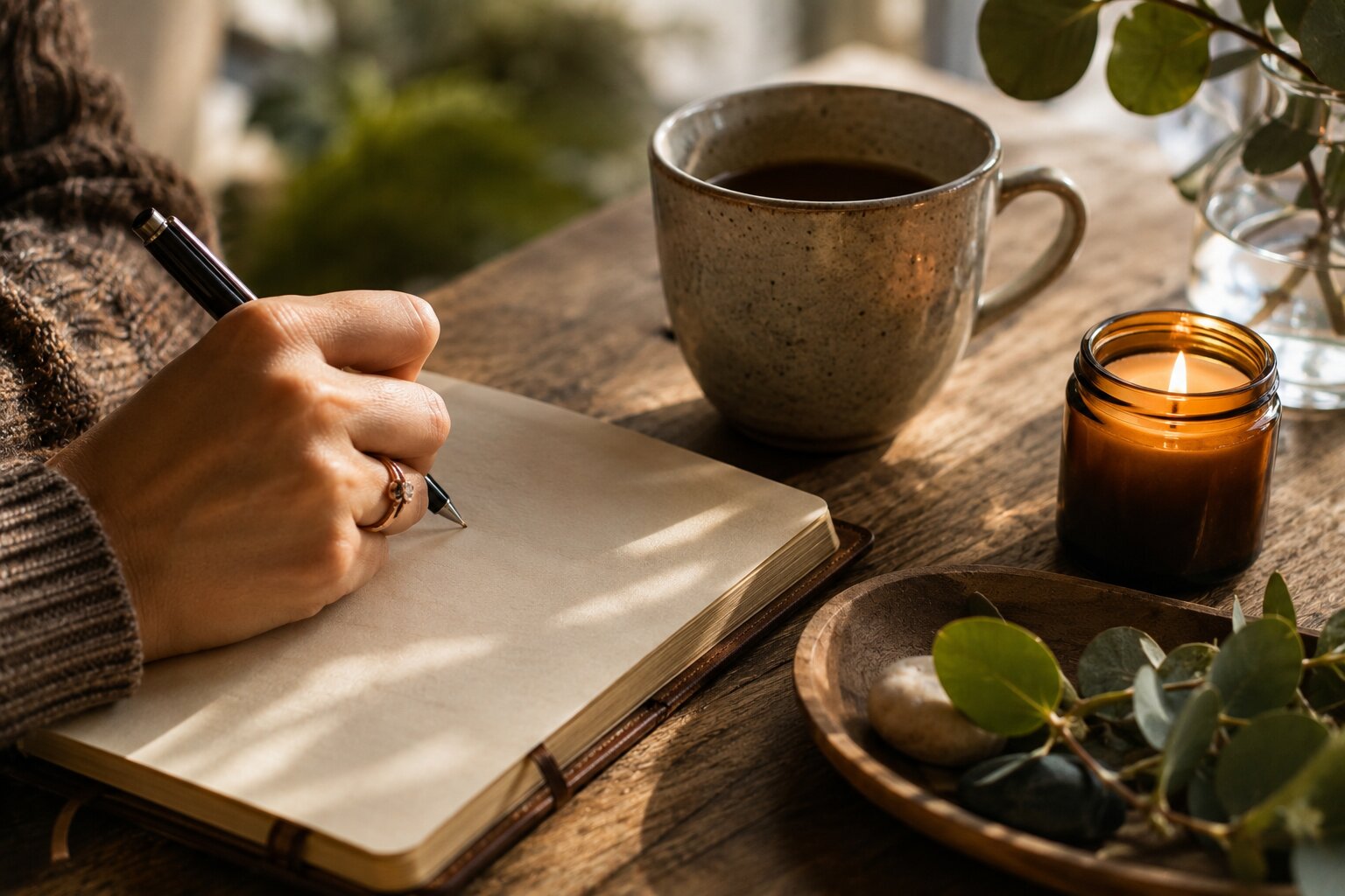 Close-up journaling scene symbolizing personal values, mindfulness, and thoughtful self-reflection.