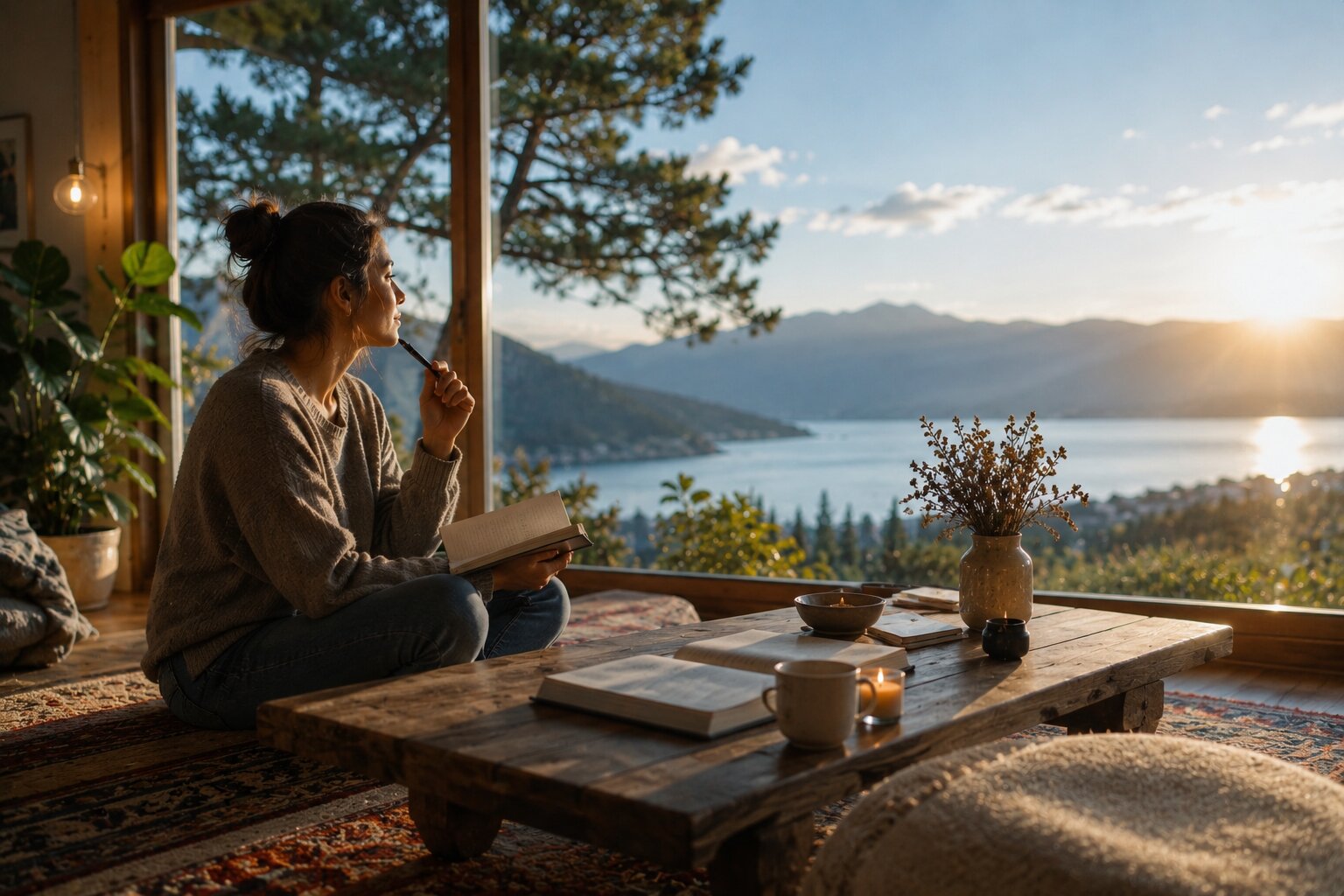 Wide-angle scene of a woman reflecting on personal values in a peaceful mountain setting.