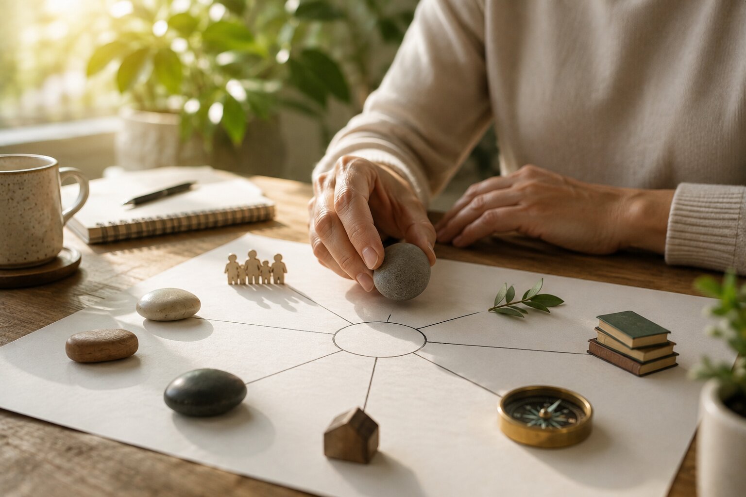 Person using symbolic objects to explore personal values, priorities, relationships, growth, and purpose.