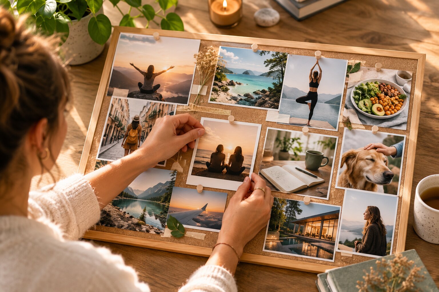 Woman creating a vision board for personal growth, goals, wellness, relationships and future success.