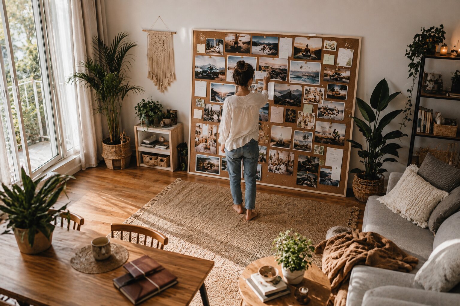 Woman viewing a vision board from afar in a bright room, visualizing personal growth and future goals.