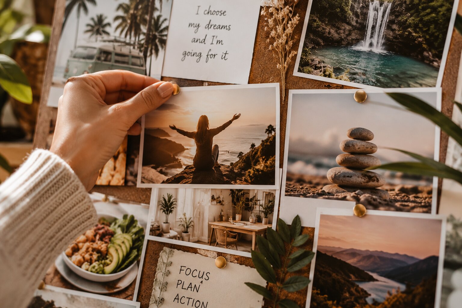Close-up of a vision board representing personal growth, dreams, wellness and future goals.