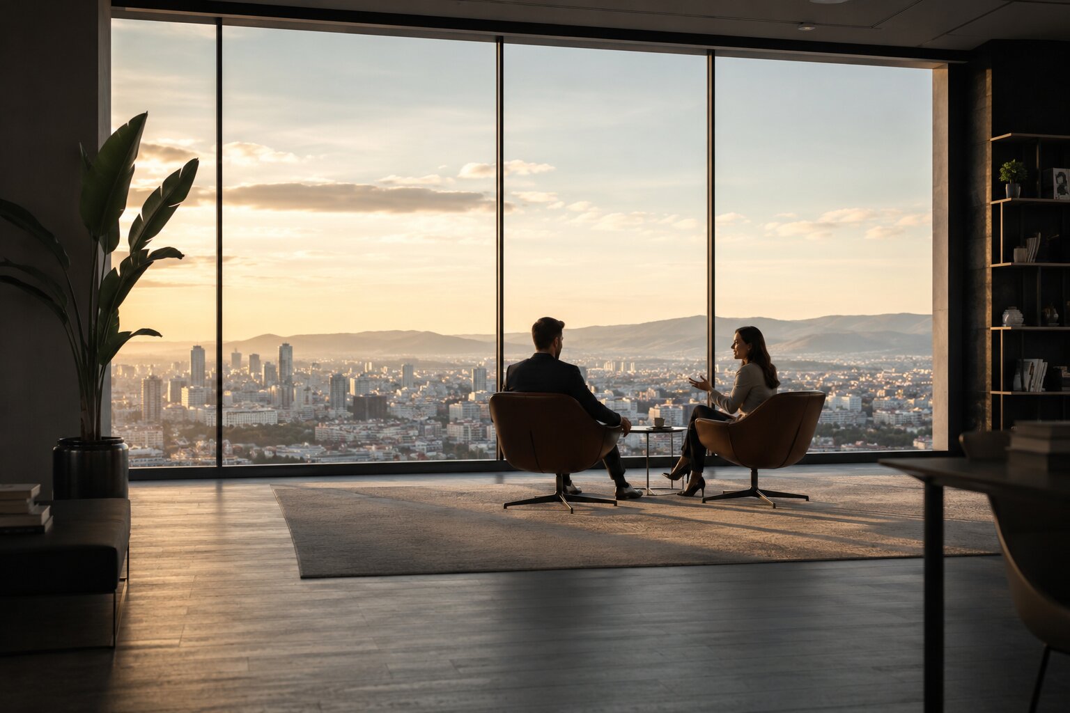 Entrepreneur coaching conversation overlooking a city, symbolizing business vision, leadership, and growth.