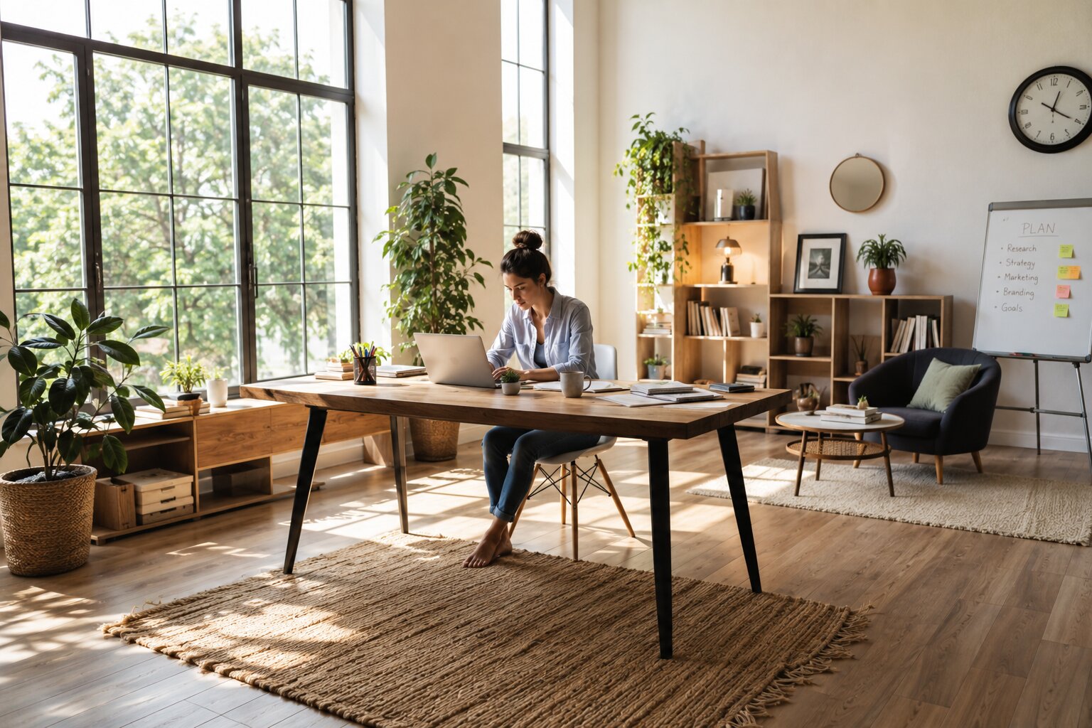 Productive professional working in a spacious, sunlit home office with a calm, focused atmosphere.