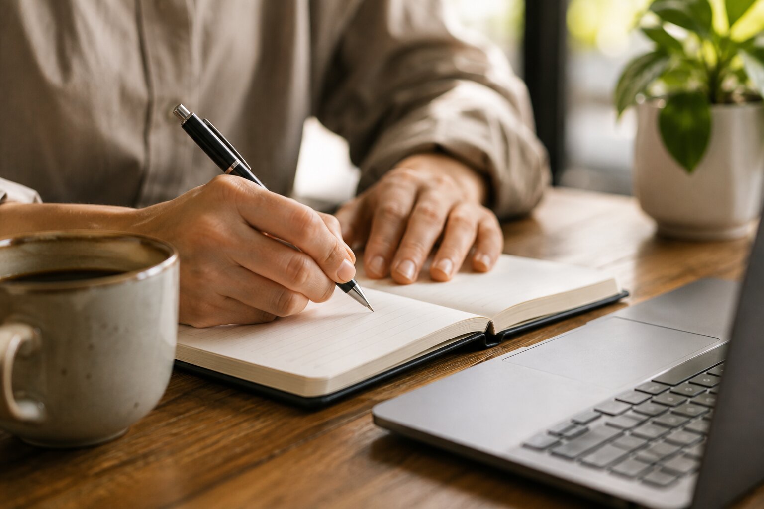 Close-up of focused productivity planning with notebook, laptop and coffee in warm natural light.