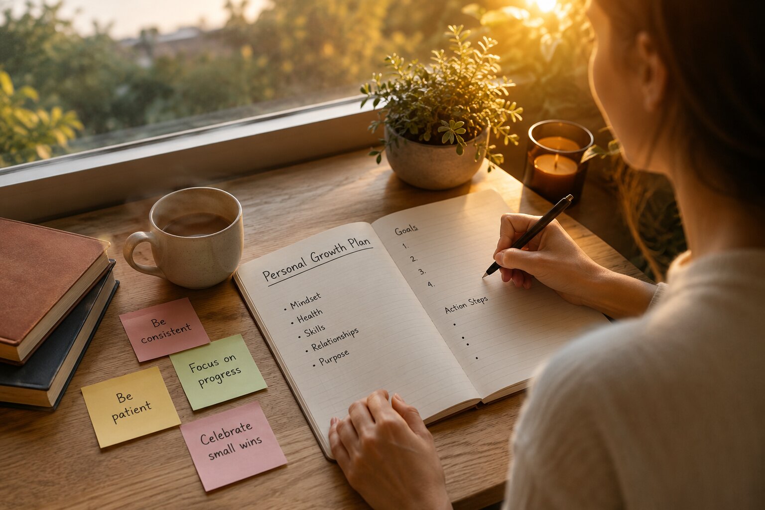 Woman creating a personal growth plan with goals and action steps in warm natural light.