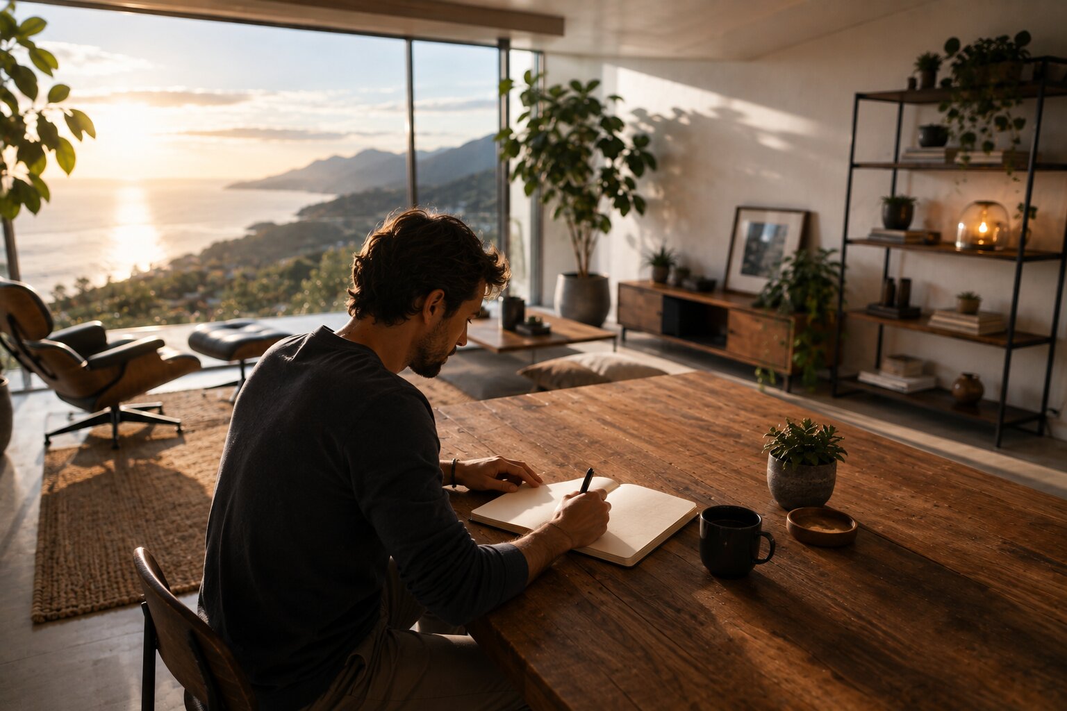 Man creating a personal growth plan in a spacious, inspiring workspace overlooking mountains.
