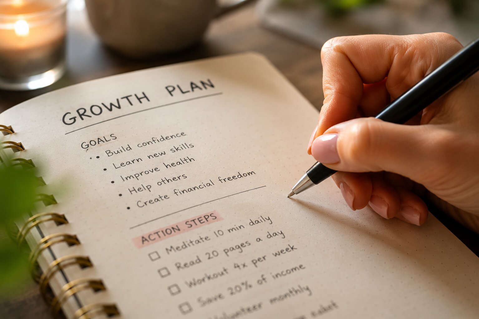 Close-up of a personal growth plan notebook with goals, action steps, and focused handwriting.