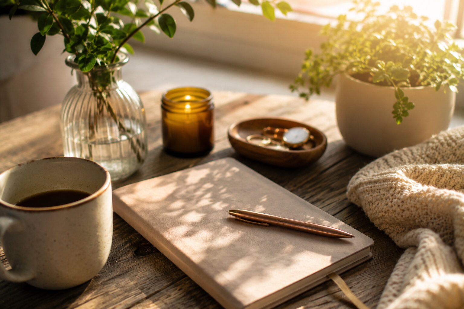 Morning journal, coffee and small details symbolizing daily success and productivity.