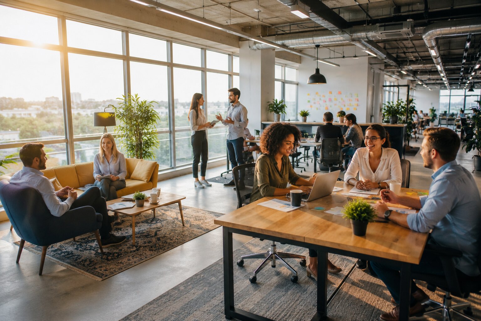 Motivated professionals collaborating in a bright modern office, reflecting teamwork, productivity, and positive workplace motivation
