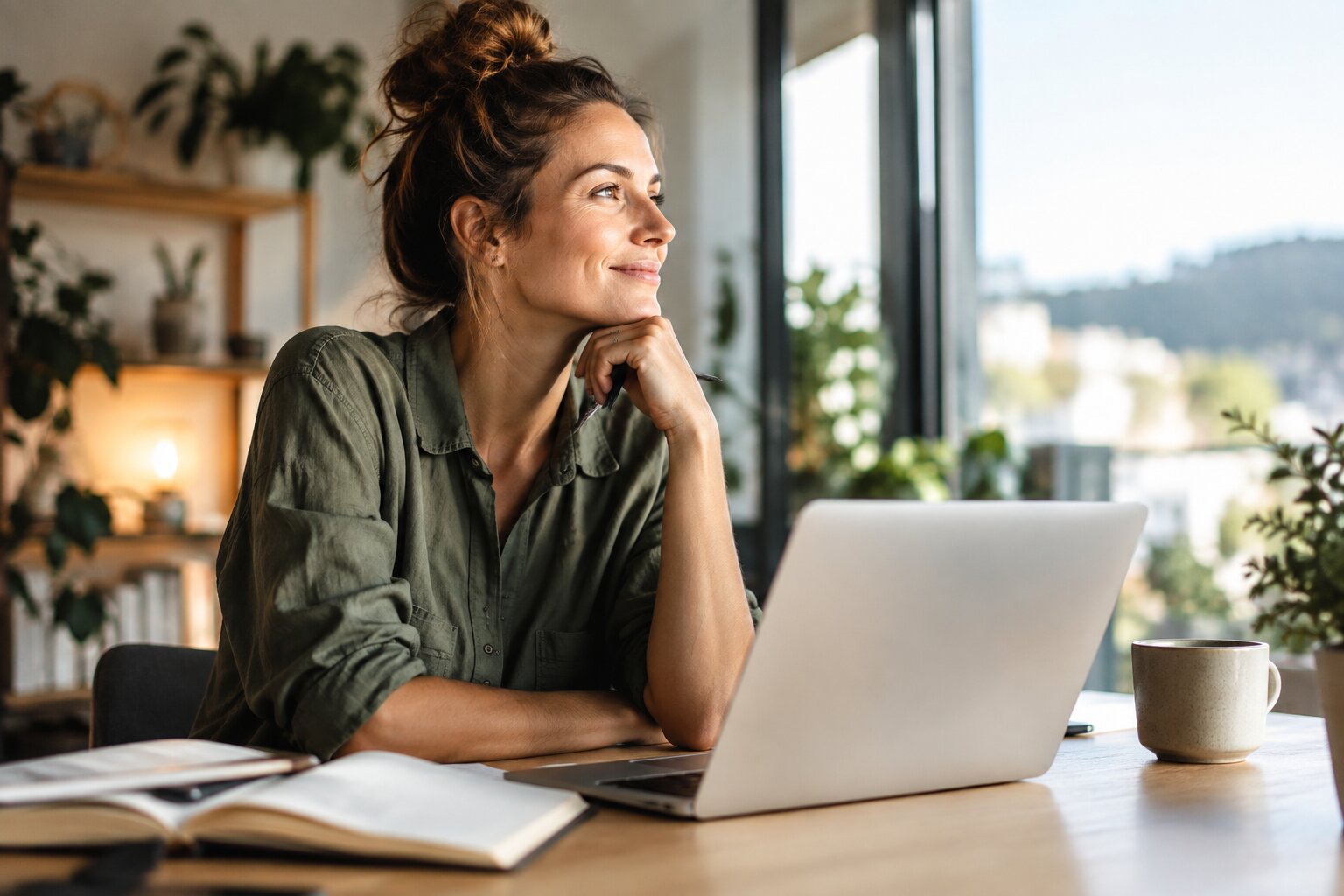 Woman working thoughtfully at a laptop in a bright home office, representing high-income skills
