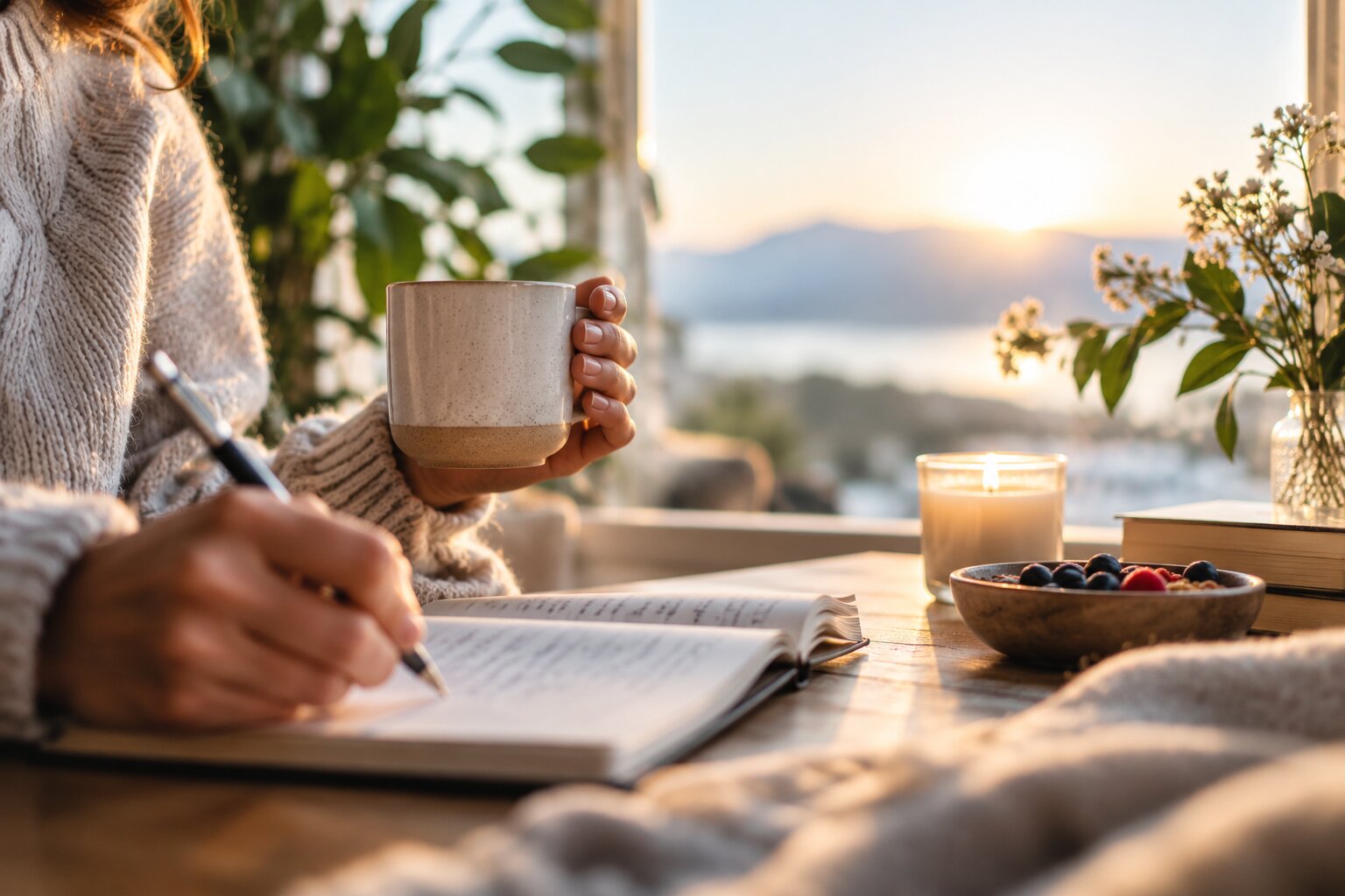 Person journaling beside a sunny window with coffee, symbolizing focused learning, reflection, and personal development.