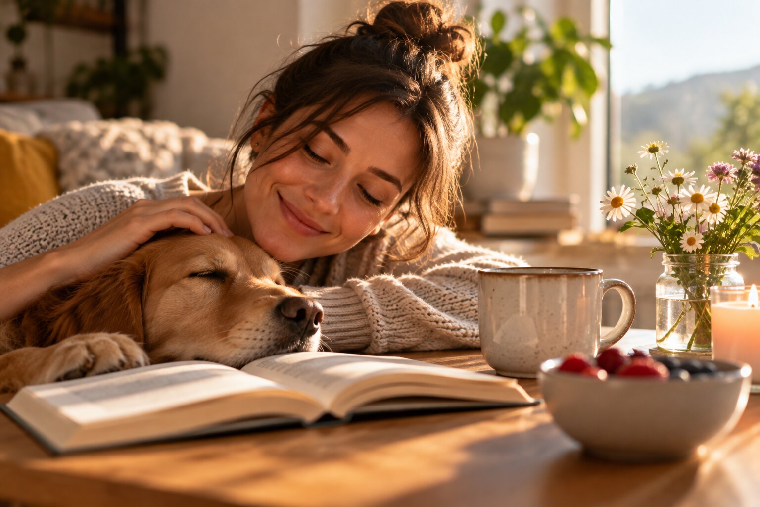Woman enjoying small moments of happiness with her dog, morning coffee, flowers and sunlight.