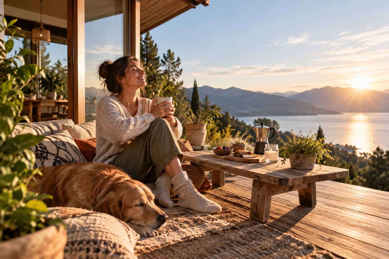 peaceful morning showing a woman creating happiness through simple moments